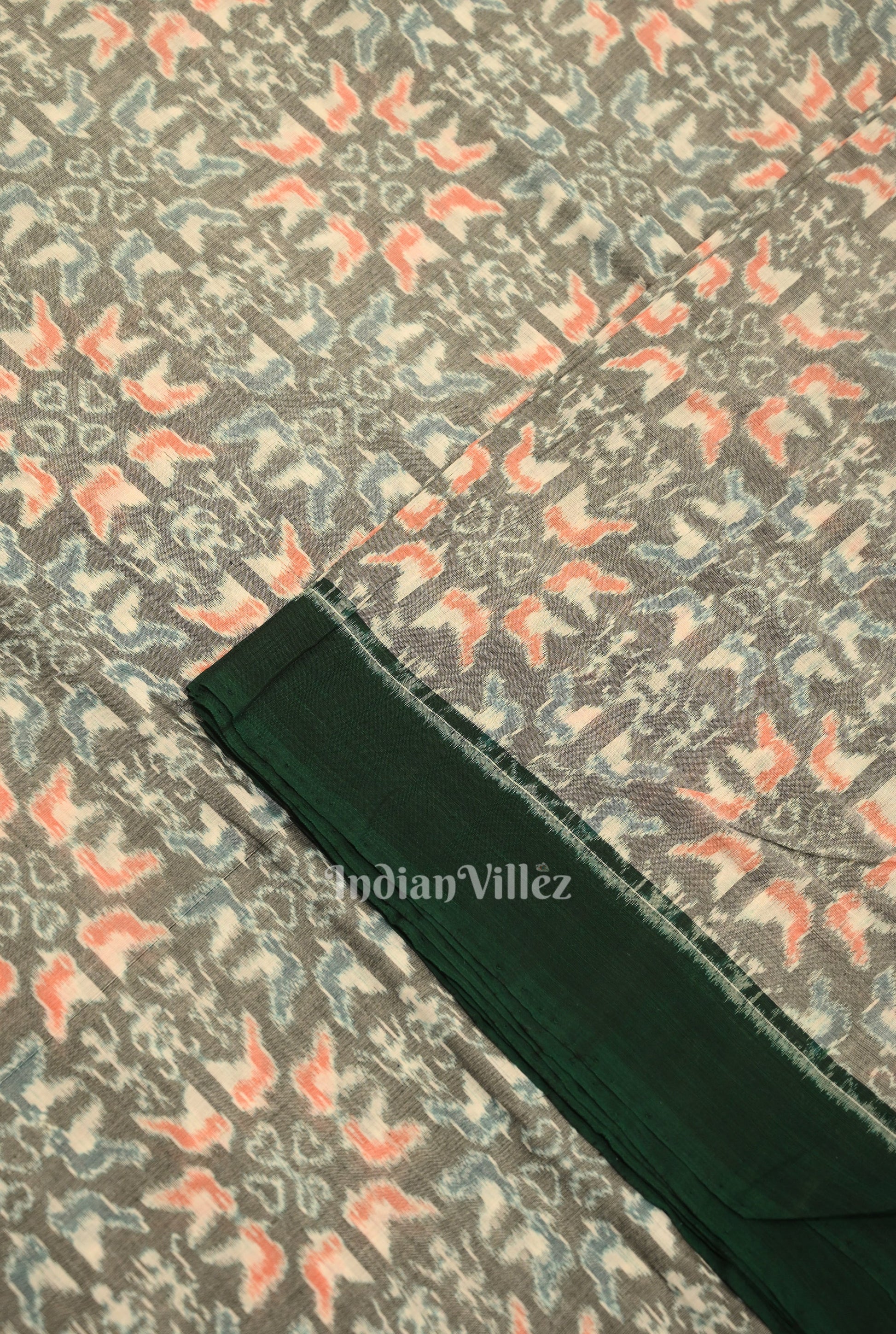 Cement Gray Tribal Flower Theme Sambalpuri Ikat Cotton Fabric