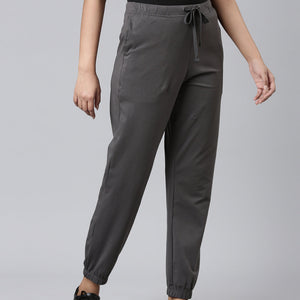 Women Solid Silver Grey Mid Rise Cotton Casual Joggers