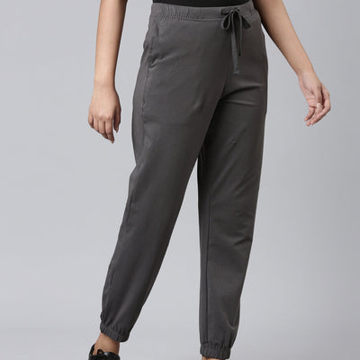 Women Solid Silver Grey Mid Rise Cotton Casual Joggers