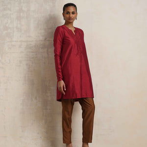 trueBrowns Red Silk Kurta Co-ord Set