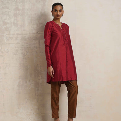 trueBrowns Red Silk Kurta Co-ord Set