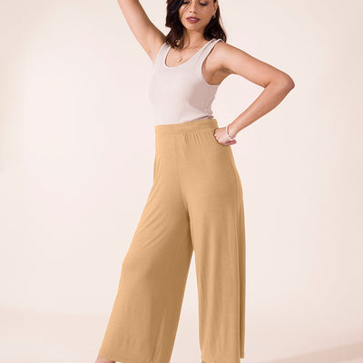 Women Solid Wheat Viscose Mid Rise Knit Palazzos
