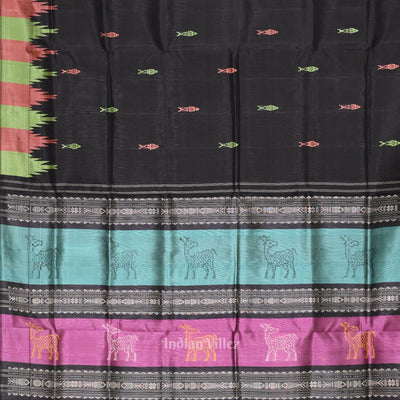 Black with Fish Motif Double Pallu Berhampuri Silk Saree