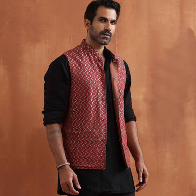 trueBrowns Men's Rust Cotton Dobby Nehru Jacket