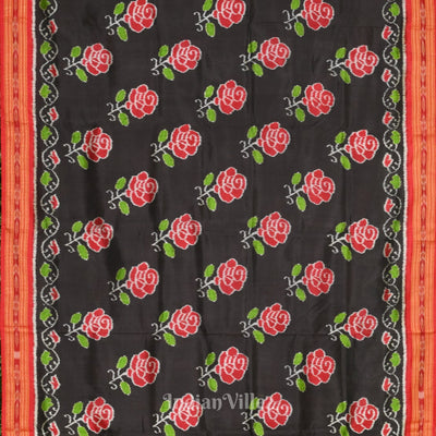 Black Red Rose Flower Theme Khandua Silk Saree