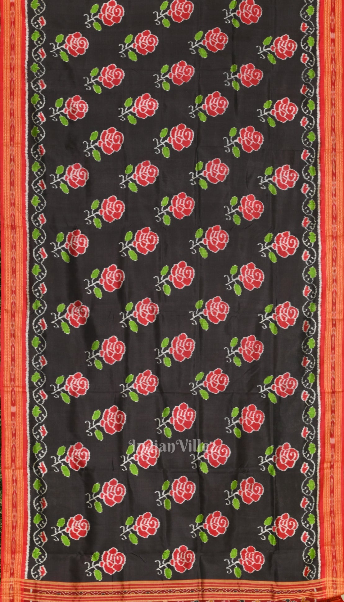 Black Red Rose Flower Theme Khandua Silk Saree