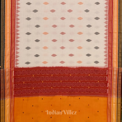 White with Multicolour Odisha Ikat Sambalpuri Pure Cotton Saree