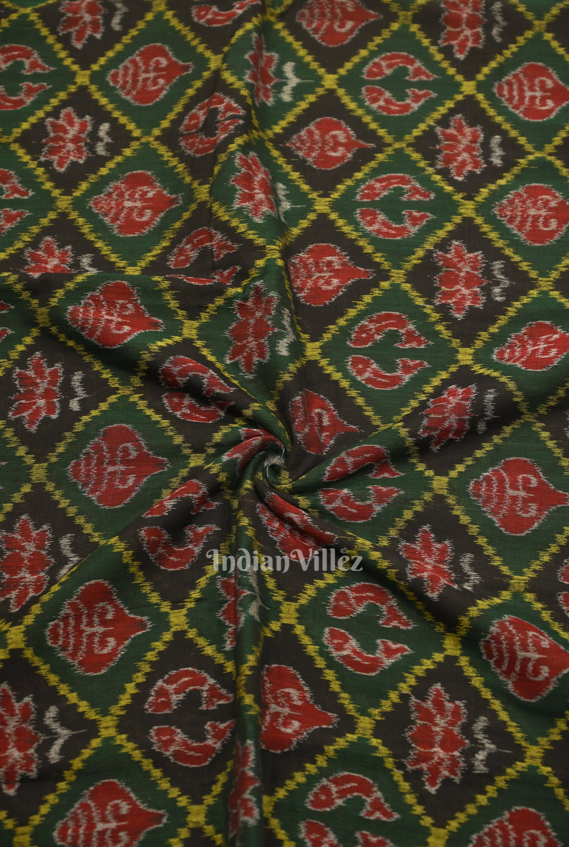 Green Black Diagonally Nabakothi Sambalpuri Ikat Cotton Fabric