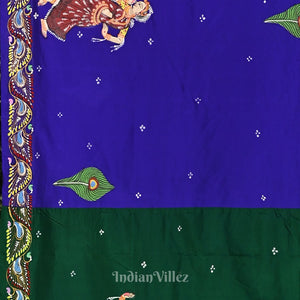 Green with Krishna Radha Theme Hand-Painted Pattachitra Saree