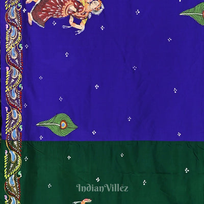 Green with Krishna Radha Theme Hand-Painted Pattachitra Saree