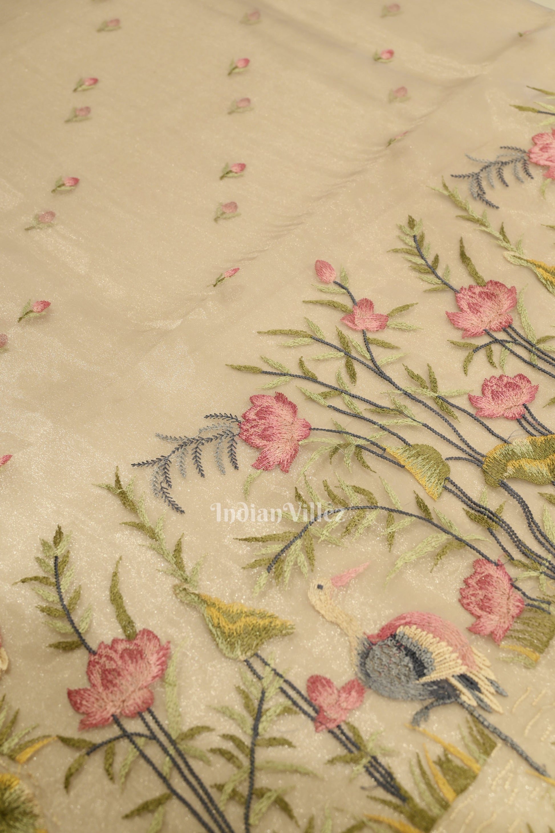 Basil Green Kora Banarasi Tissue Saree with Embroidery Work