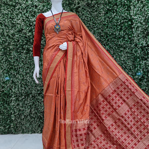Carrot Orange Floral Sambalpuri Ikat Silk Saree