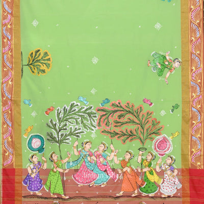 Parrot Green Raja Doli Theme Hand-Painted Pattachitra Saree
