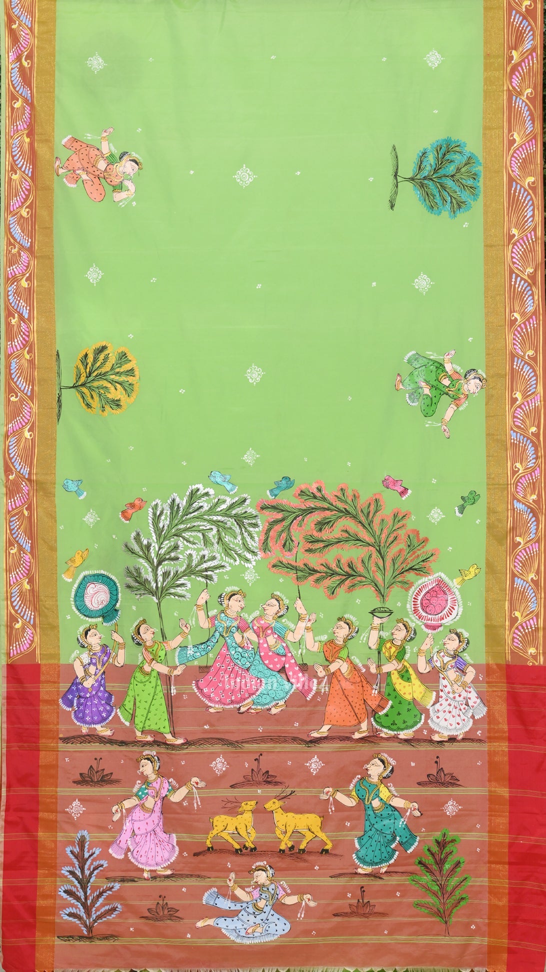 Parrot Green Raja Doli Theme Hand-Painted Pattachitra Saree