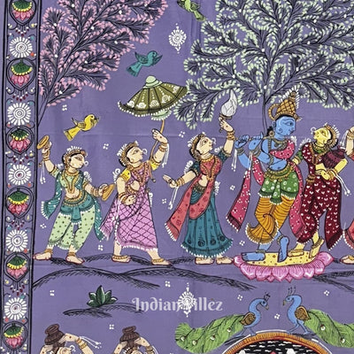Lavender Radha Krishna Rasleela Hand-Painted Pattachitra Saree