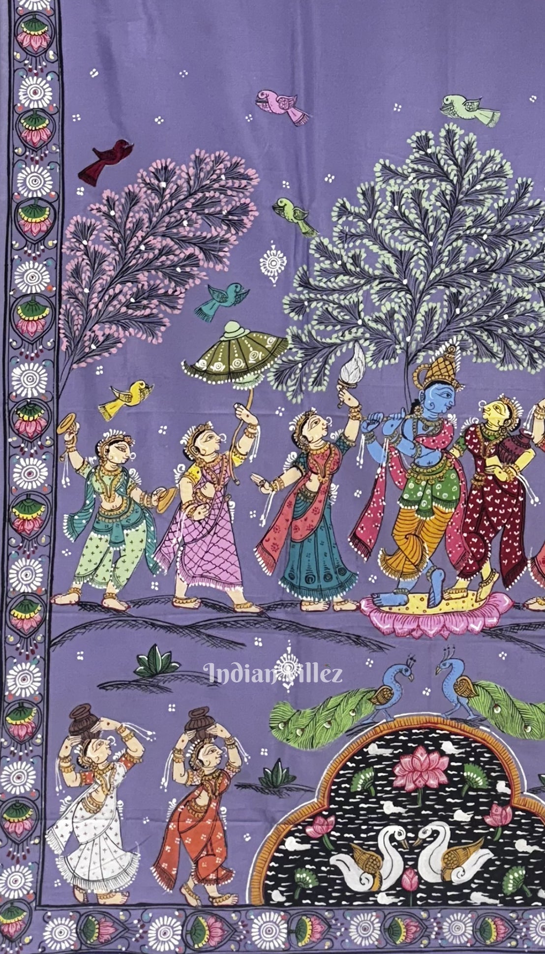 Lavender Radha Krishna Rasleela Hand-Painted Pattachitra Saree
