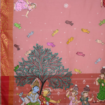 Baby Pink Krishna Raasleela Theme Hand-Painted Pattachitra Saree