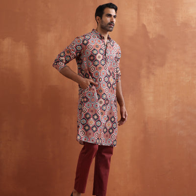 trueBrowns Men's Rust Geometric Printed Kurta