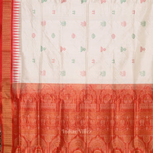 White Red Laxmi Pada Bomkai Sambalpuri Silk Saree with Tissue Anchal