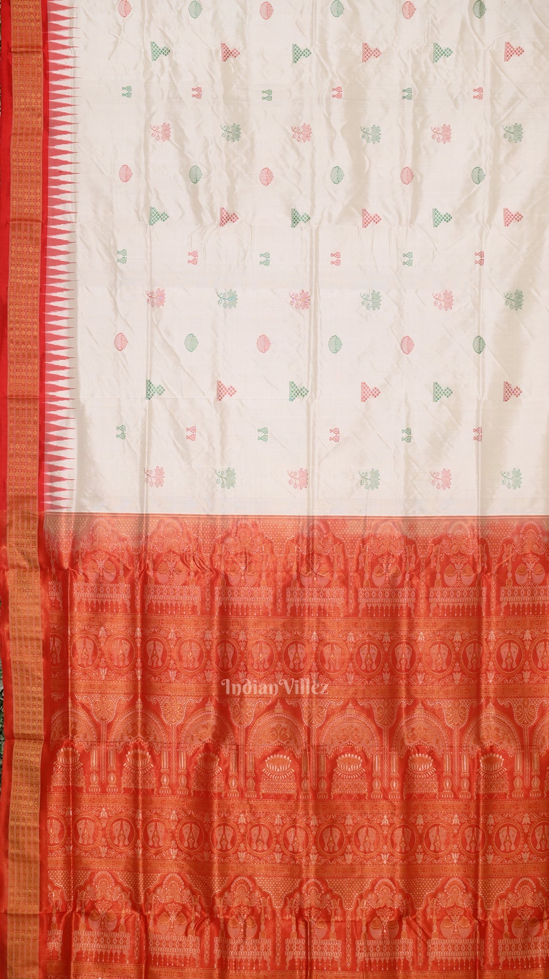 White Red Laxmi Pada Bomkai Sambalpuri Silk Saree with Tissue Anchal