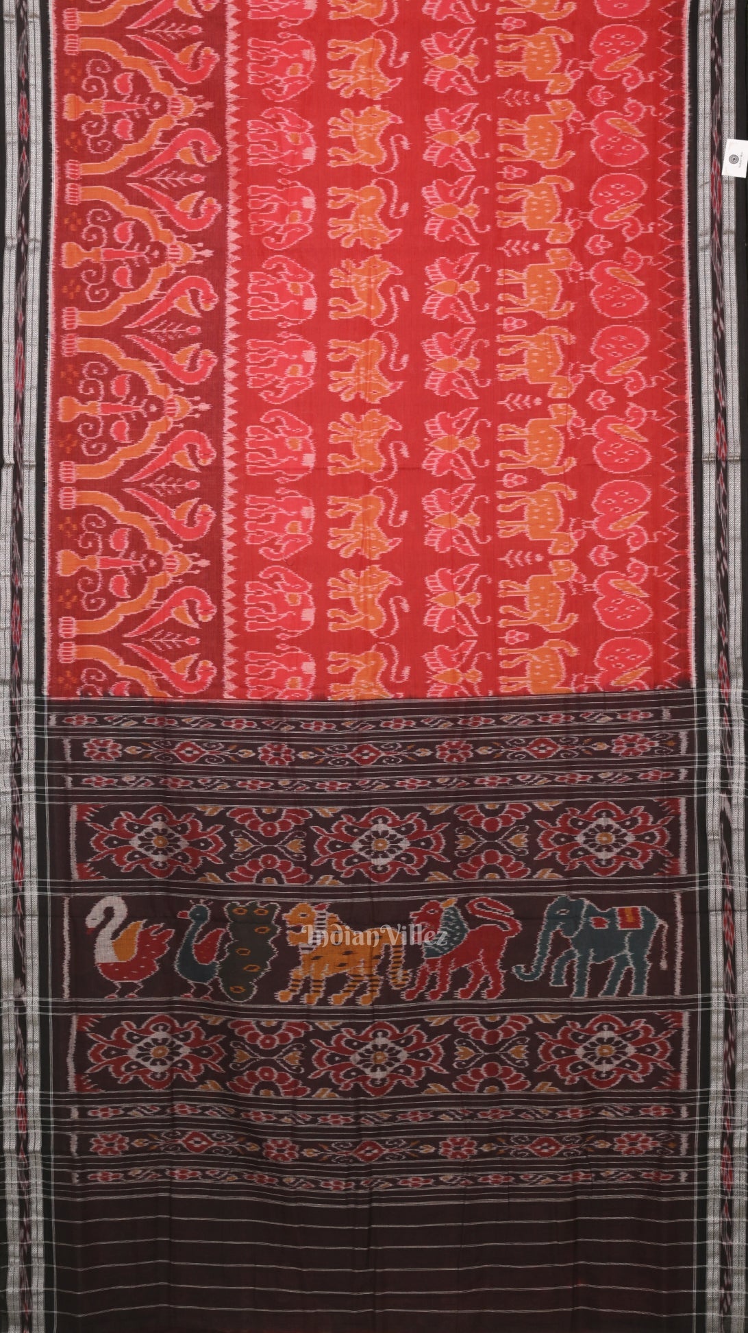 Red Black Jungle Theme Odisha Ikat Sambalpuri Cotton Saree