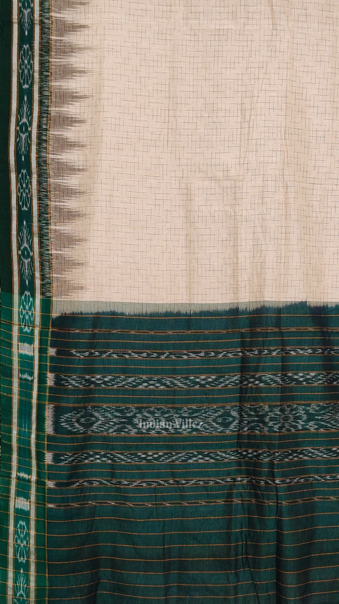 Cream Green Jharana Maniabandha Cotton Saree