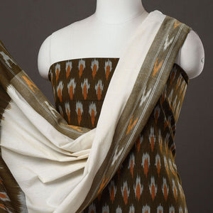 Brown - 3pc Cotton Handloom Pochampally Ikat Dress Material