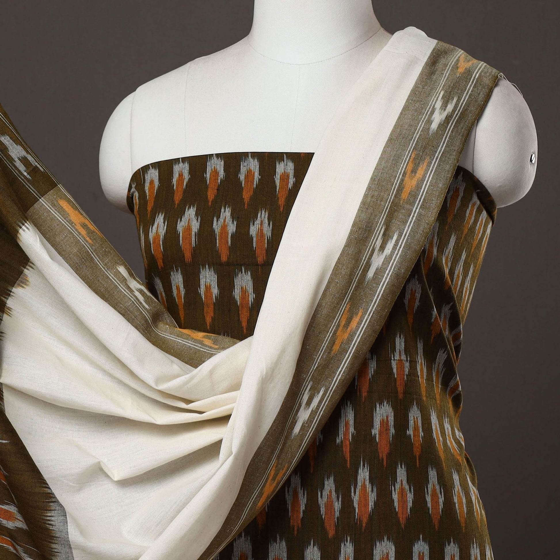 Brown - 3pc Cotton Handloom Pochampally Ikat Dress Material