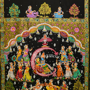 Black Ardha Chandra Krishna Rasa Leela Hand-Painted Pattachitra Saree
