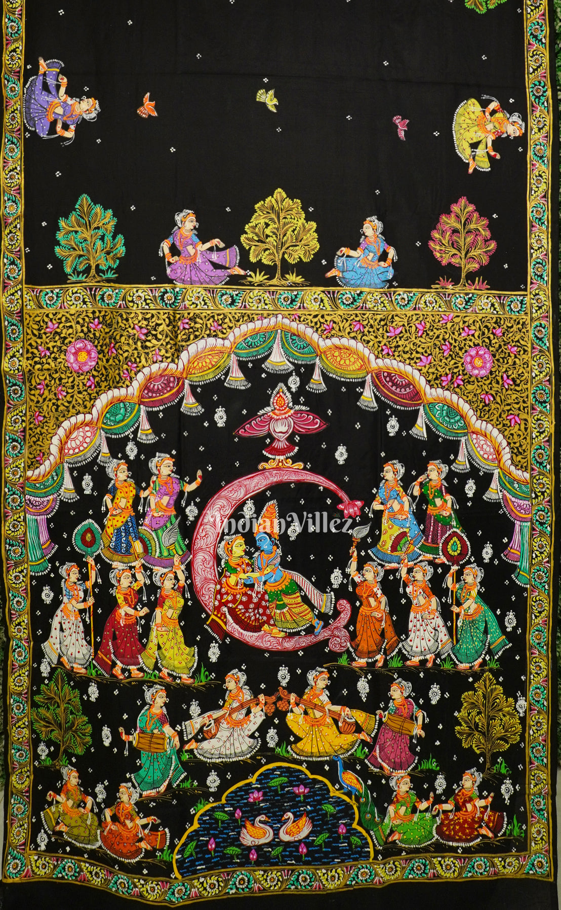 Black Ardha Chandra Krishna Rasa Leela Hand-Painted Pattachitra Saree