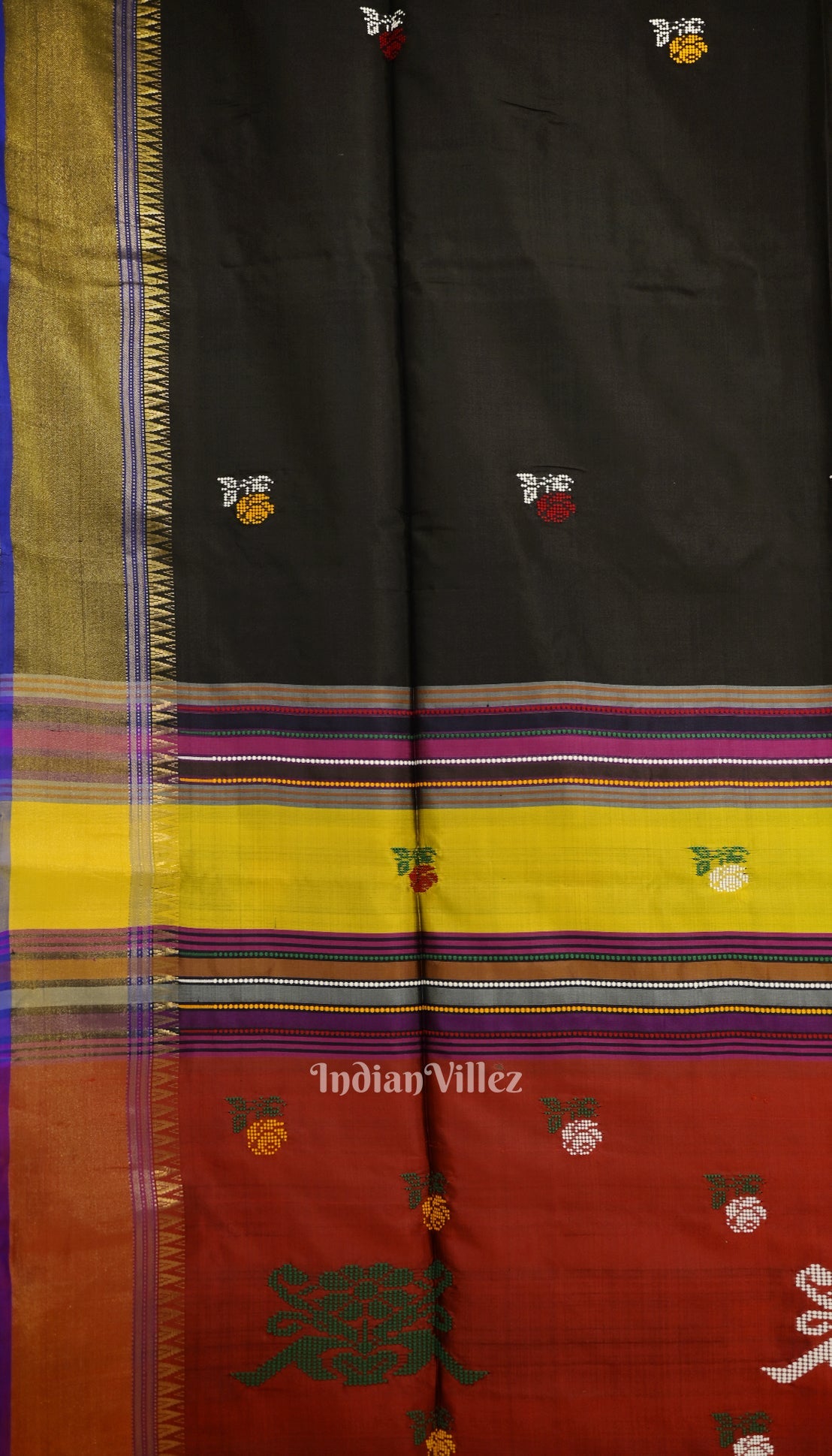 Black Maroon Flower Motif Pure Bishnupuri Silk Saree