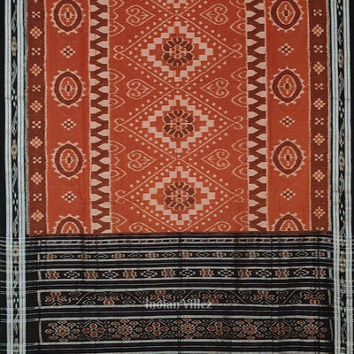 Light Brown Black Floral Odisha Handloom Sambalpuri Ikat Cotton Saree