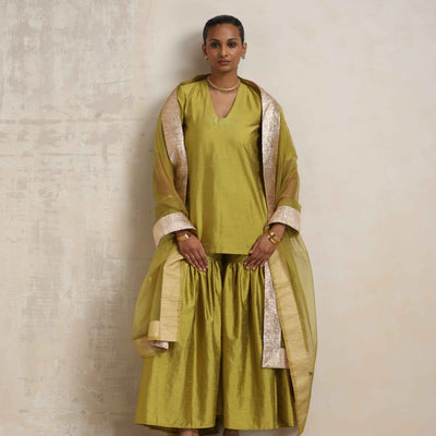 trueBrowns Green Silk Sharara Dupatta Set