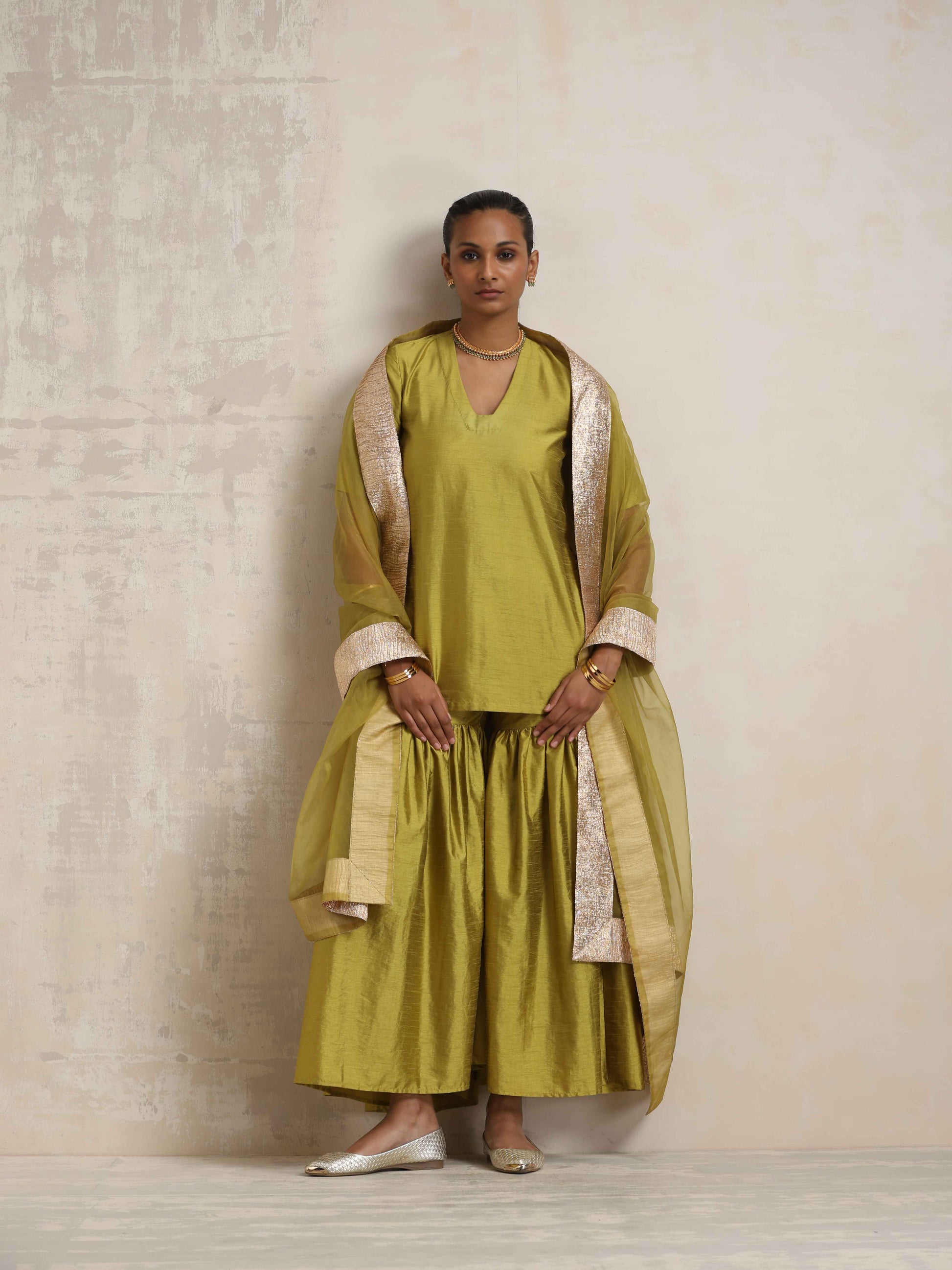 trueBrowns Green Silk Sharara Dupatta Set
