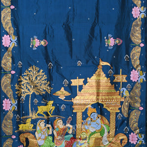 Blue Krishna Boita Theme Hand-Painted Pattachitra Saree