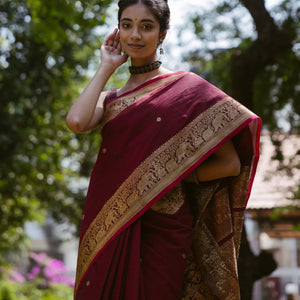 Crimson Handloom Kanchi Cotton Saree With Elephants, House and Lady Motifs in Border
