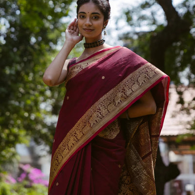Crimson Handloom Kanchi Cotton Saree With Elephants, House and Lady Motifs in Border
