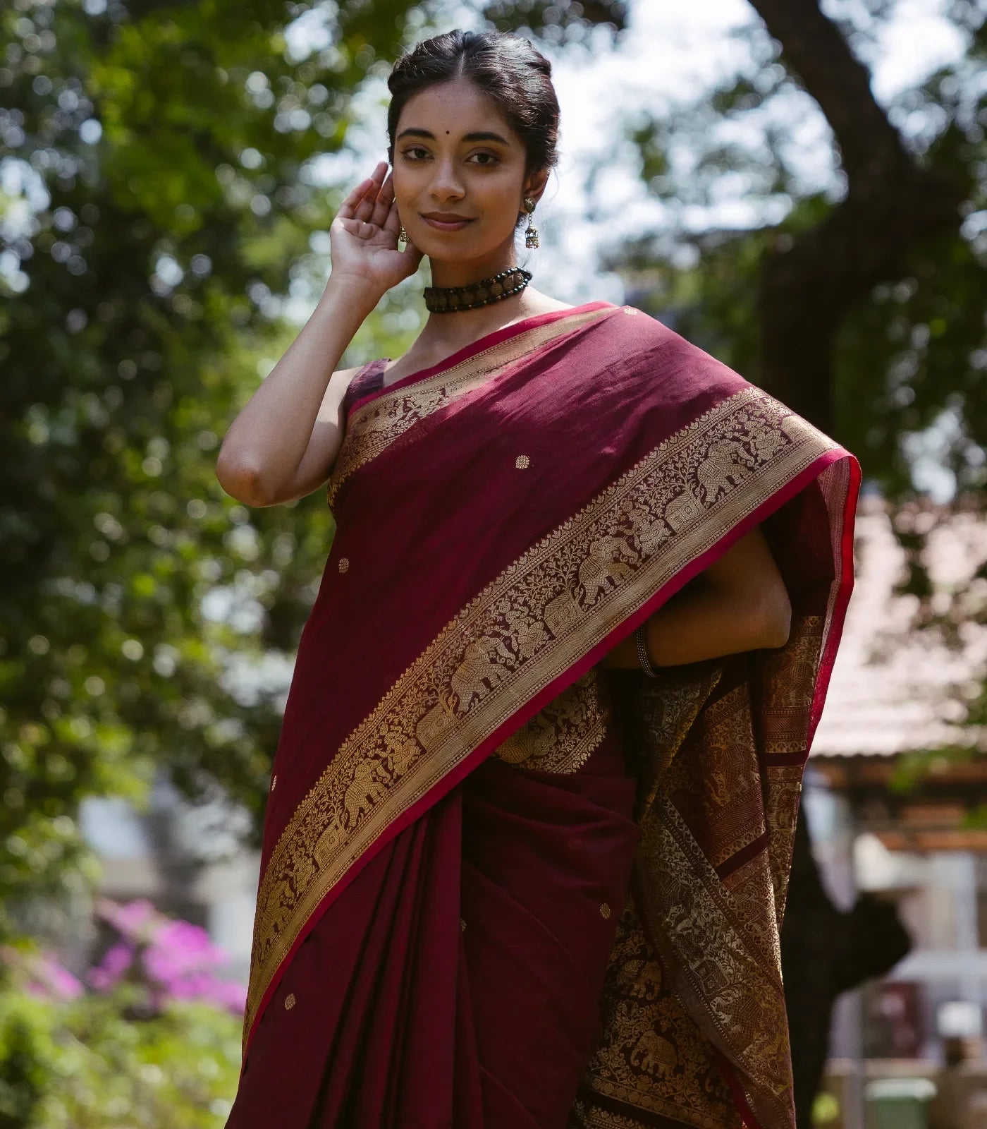 Crimson Handloom Kanchi Cotton Saree With Elephants, House and Lady Motifs in Border