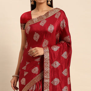 Maroon Floral Foil Printed Vichitra Silk Saree