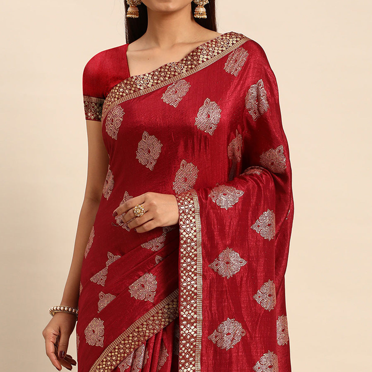 Maroon Floral Foil Printed Vichitra Silk Saree