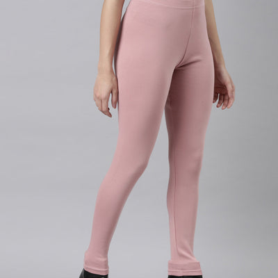Women Solid Baby Pink Ribbed Warm Leggings