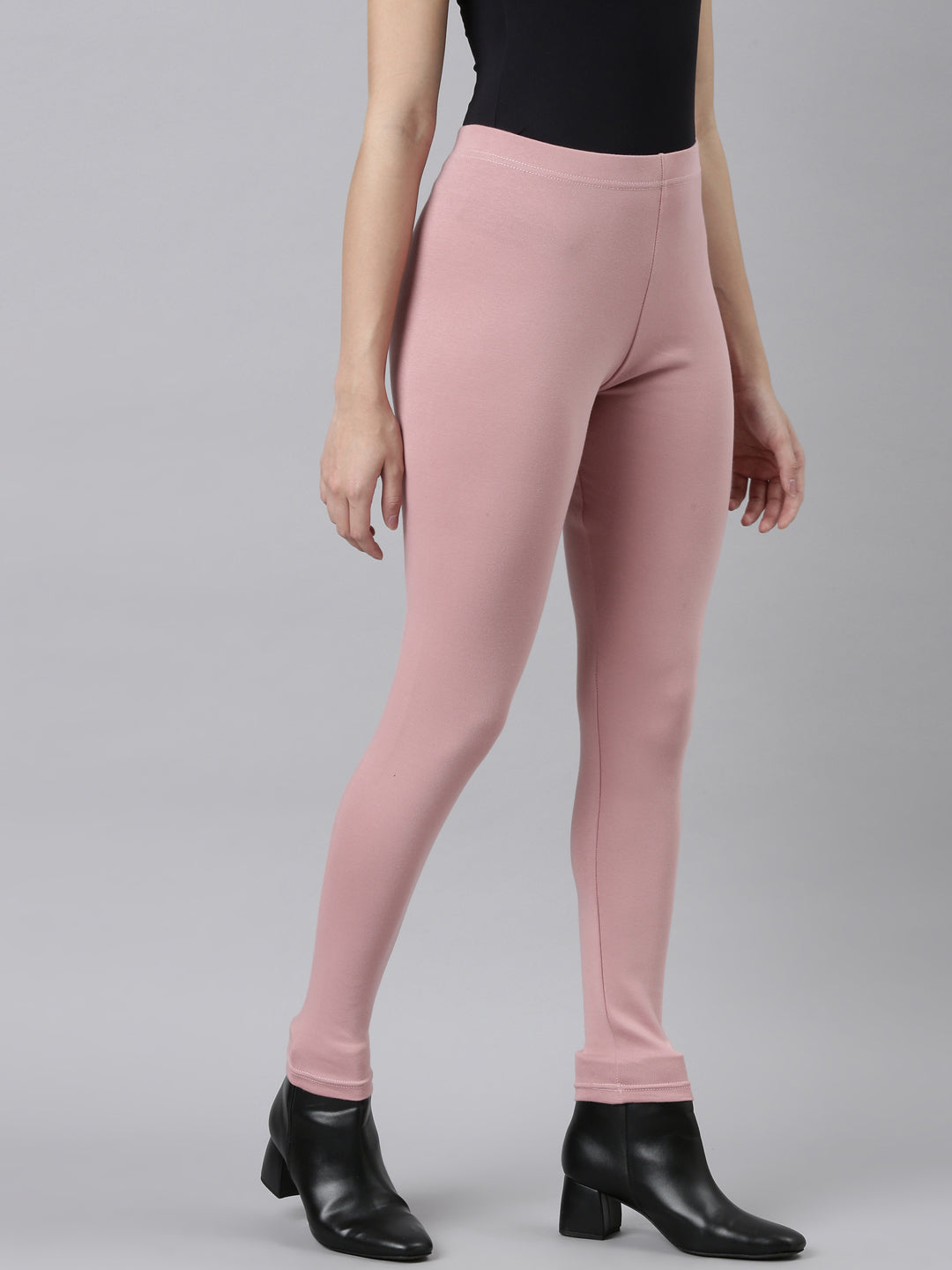 Women Solid Baby Pink Ribbed Warm Leggings