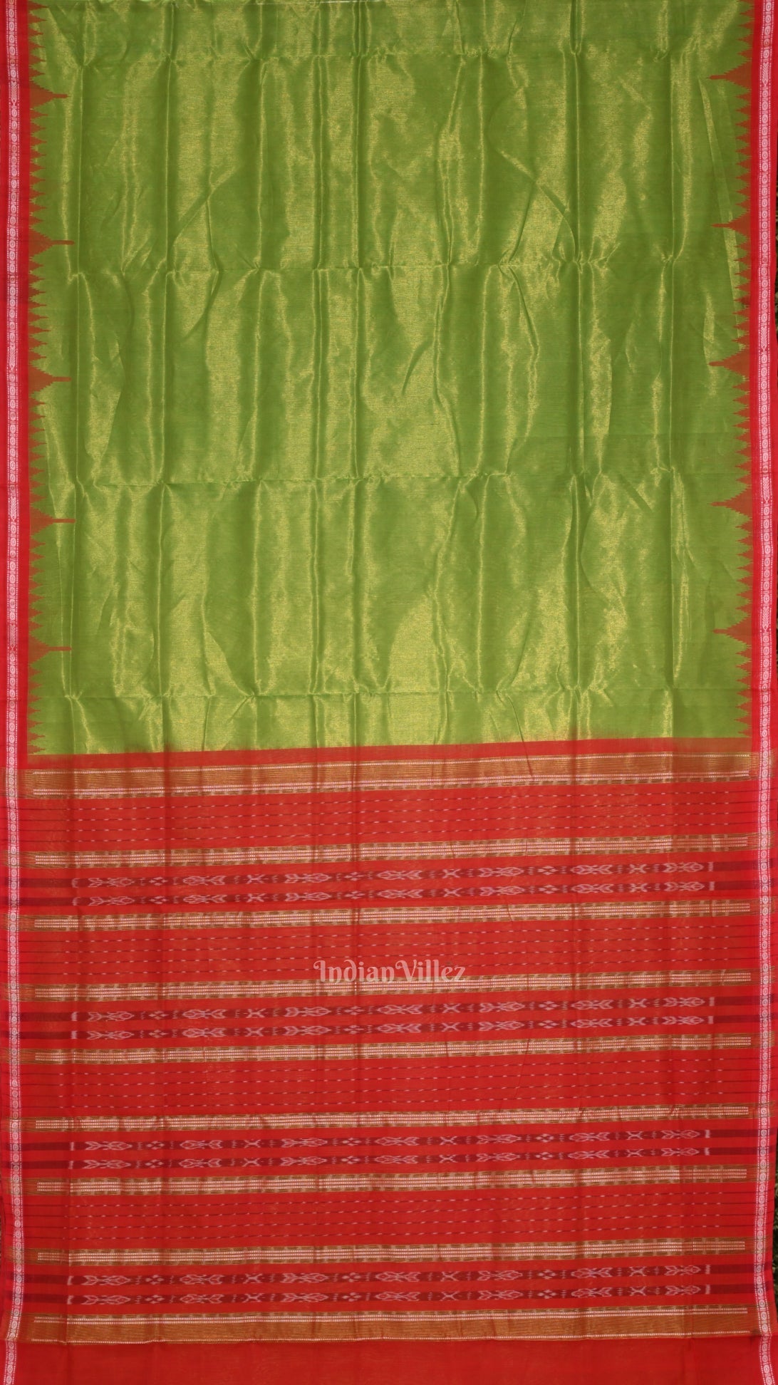 Parrot Green Red Phoda Kumbha Sambalpuri Cotton Tissue Saree