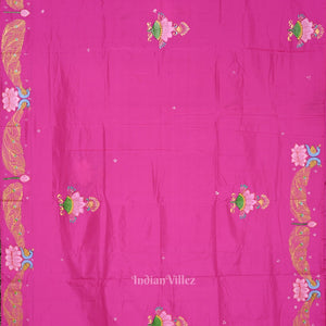 Pink Krishna Boita Theme Hand-Painted Pattachitra Saree