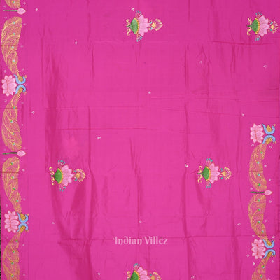 Pink Krishna Boita Theme Hand-Painted Pattachitra Saree