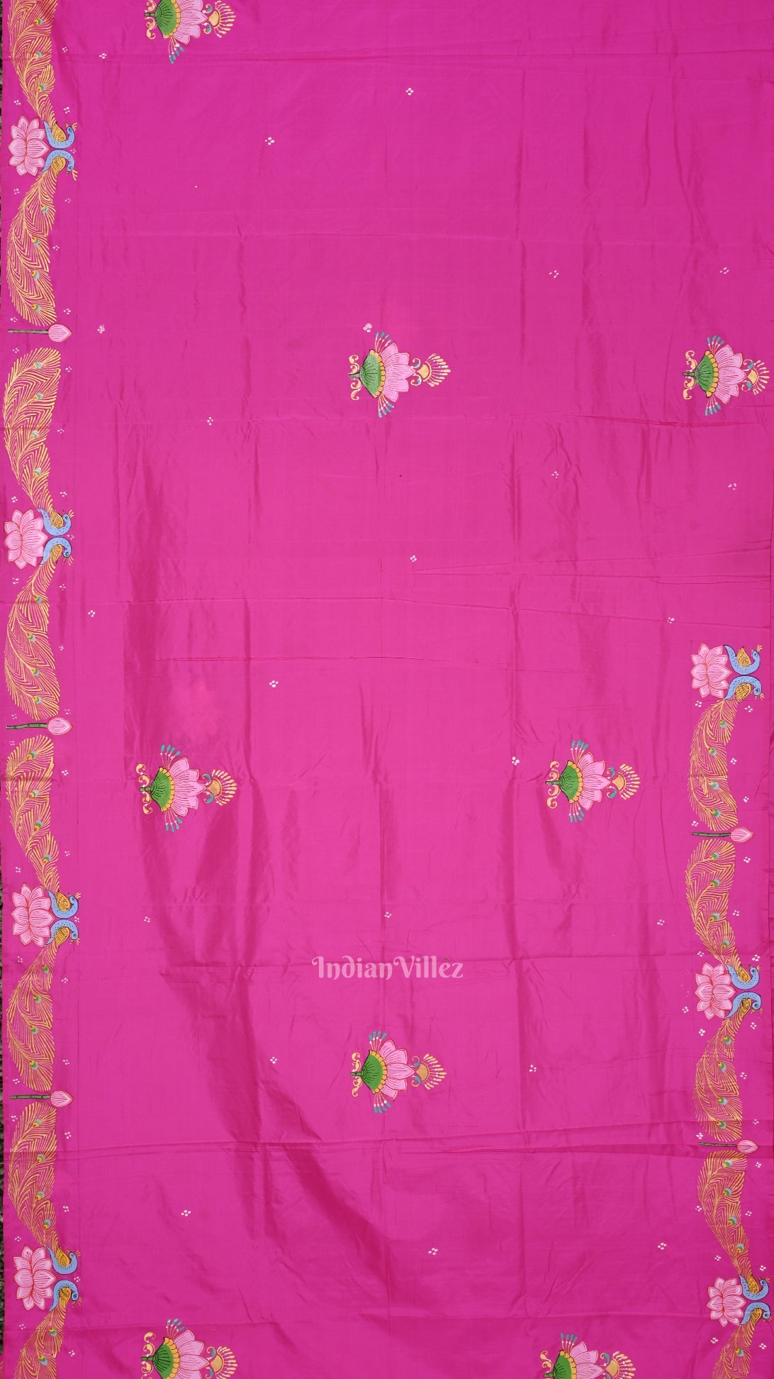 Pink Krishna Boita Theme Hand-Painted Pattachitra Saree