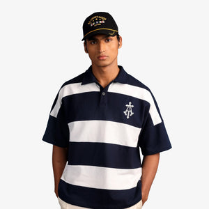 ALMOST GODS | ALPHA CROSS WOVEN STRIPED POLO { NAVY/WHITE