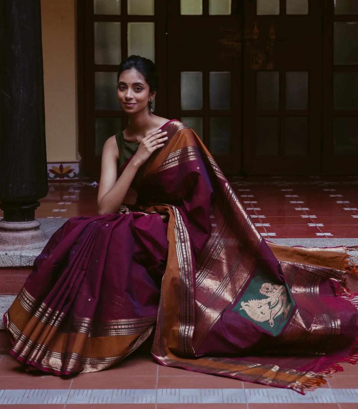 Crimson Handloom Kanchi Cotton Saree With Coin Buttas