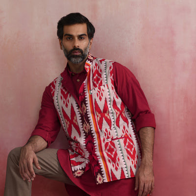trueBrowns Men's Maroon Ikat Reversible  Nehru Jacket