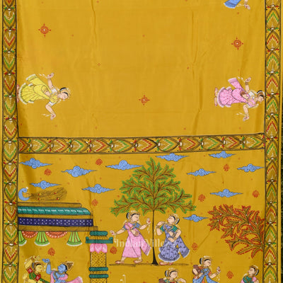 Yellow Radha Krishna Rasa Leela Hand-Painted Pattachitra Saree
